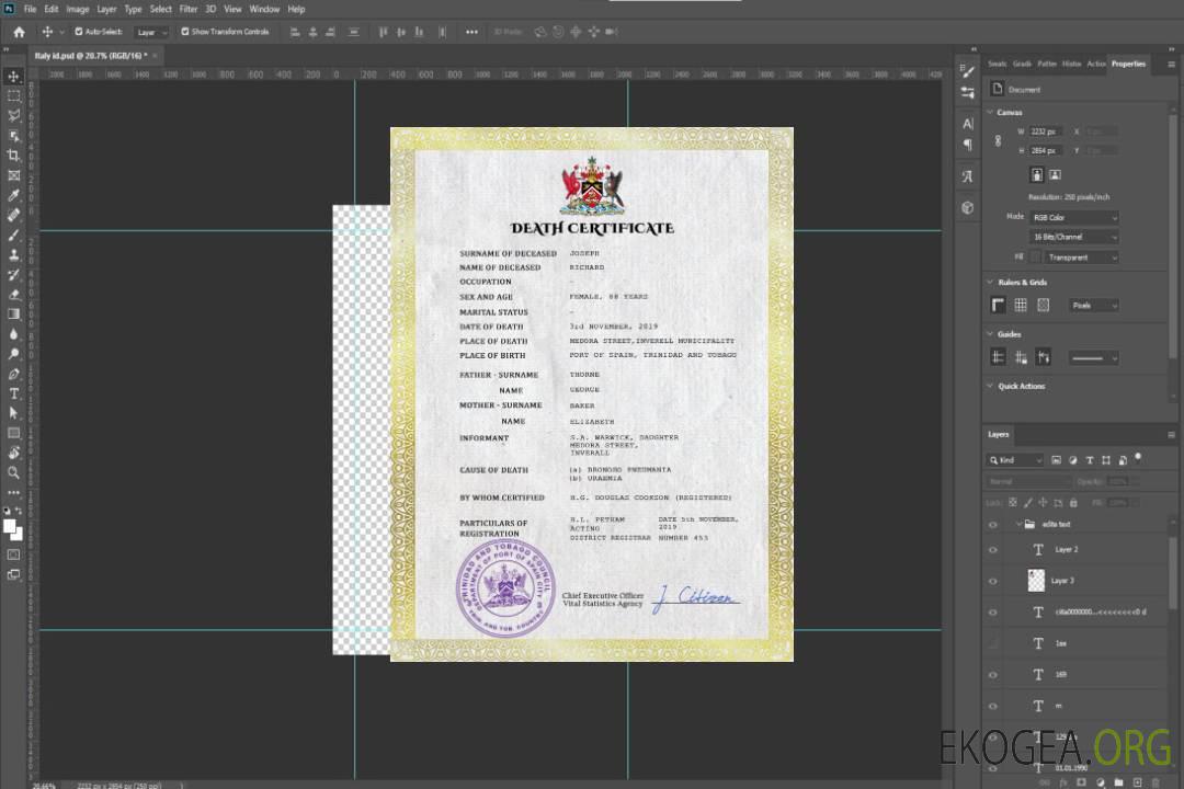 Modèle PSD de certificat de décès de l'état civil de Trinité-et-Tobago template Modèle PSD de certificat de décès de l'état civil de Trinité-et-Tobago template